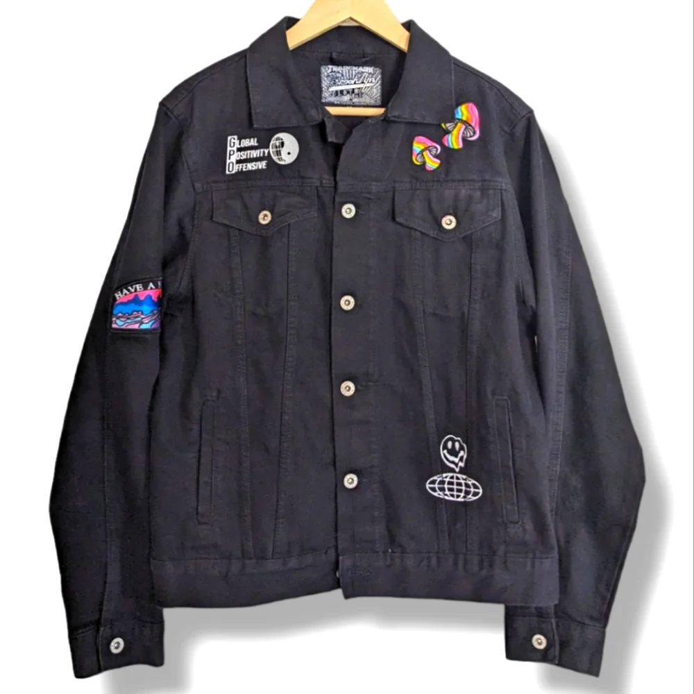 Brooklyn Cloth | "Have a Nice Trip" Patch Work Black Denim Jacket Men's Size M - Picture 1 of 5